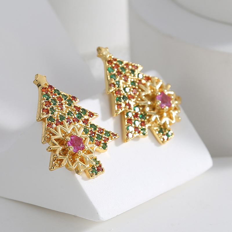 1 Pair Elegant Christmas Sweet Christmas Tree Snowflake Plating Inlay Copper Zircon 18k Gold Plated Ear Studs display picture 2