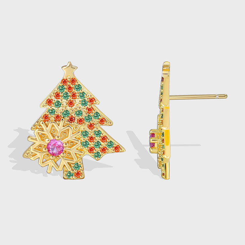 1 Paire Élégant Noël Sucré Sapin De Noël Flocon De Neige Placage Incruster Le Cuivre Zircon Plaqué Or 18k Boucles D'oreilles display picture 5