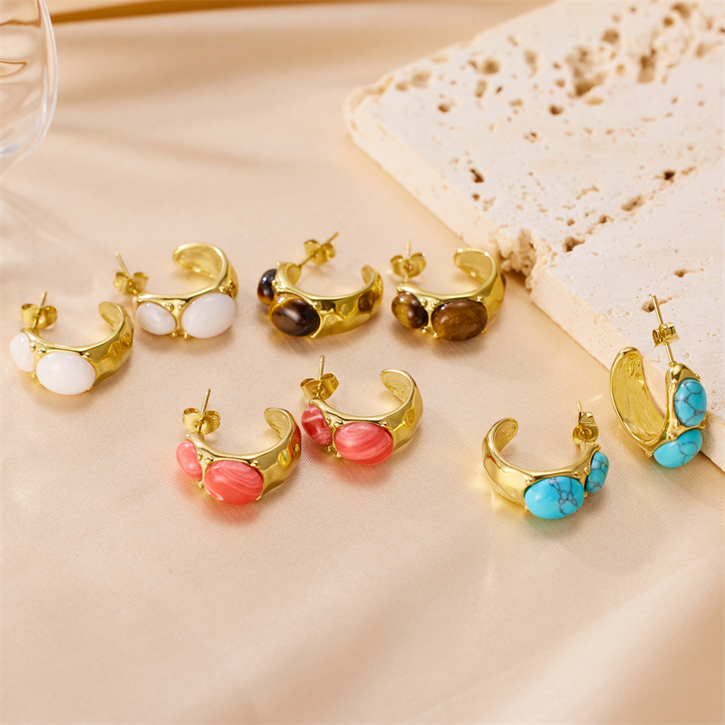 1 Pair Simple Style Commute Round Plating Inlay Stainless Steel Natural Stone 18k Gold Plated Ear Studs display picture 1