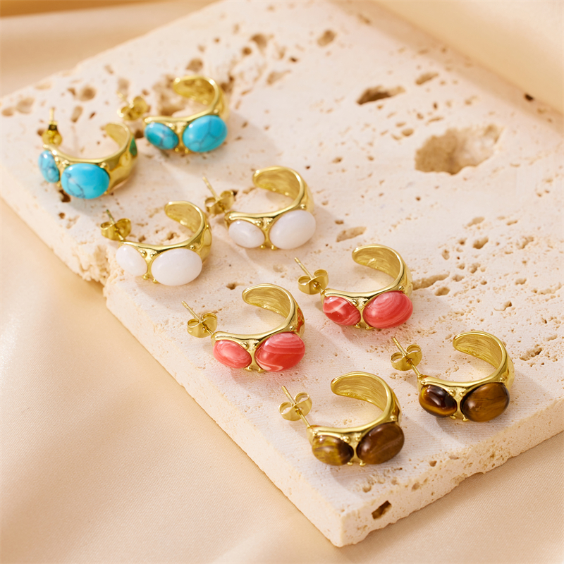 1 Pair Simple Style Commute Round Plating Inlay Stainless Steel Natural Stone 18k Gold Plated Ear Studs display picture 4