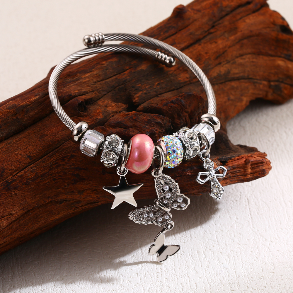 Cute Star Heart Shape Butterfly Stainless Steel Alloy Beaded Plating Inlay Rhinestones Pearl Women's Twisted Cable Bracele Bangle display picture 3