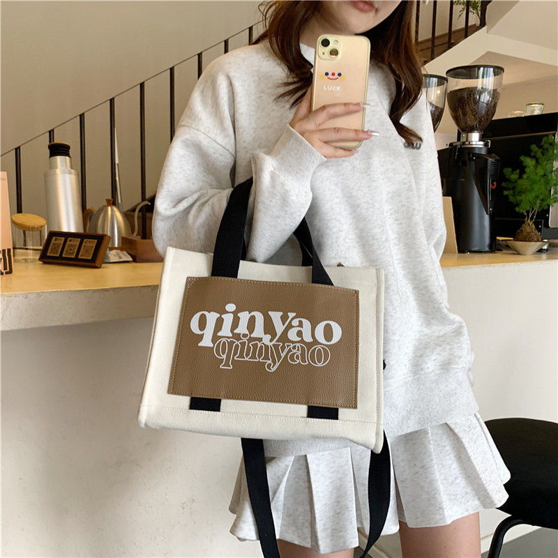Women's All Seasons Canvas Letter Solid Color Preppy Style Classic Style Sewing Thread Square Hidden Buckle Shoulder Bag Canvas Bag Handbag display picture 13