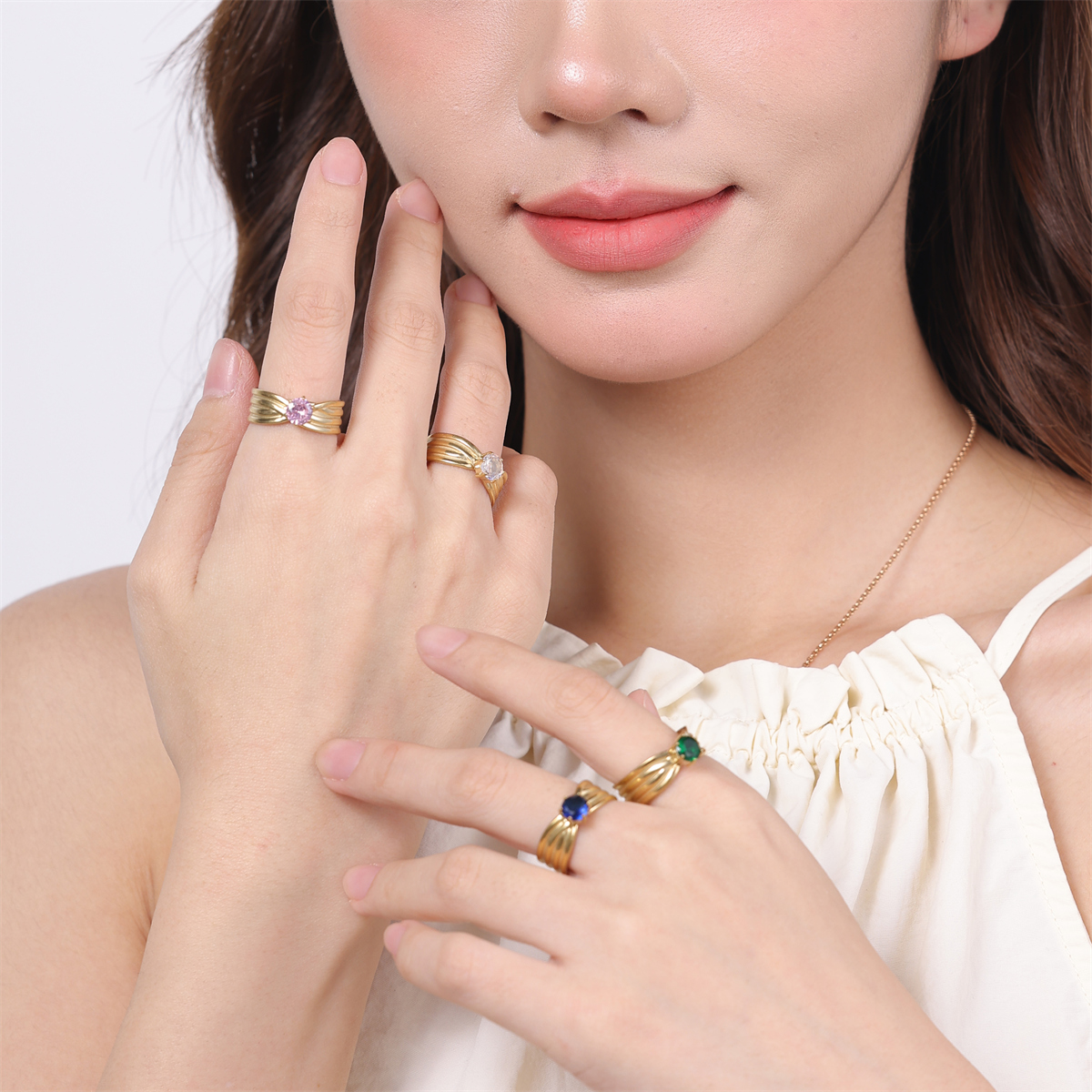 Vintage Style Color Block Stainless Steel Plating Inlay Zircon 18k Gold Plated Silver Plated Open Rings display picture 9