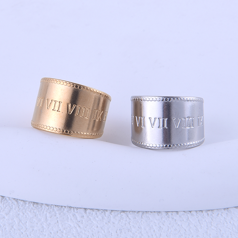 304 Stainless Steel 18K Gold Plated Punk Plating Roman Numeral Wide Band Rings display picture 1