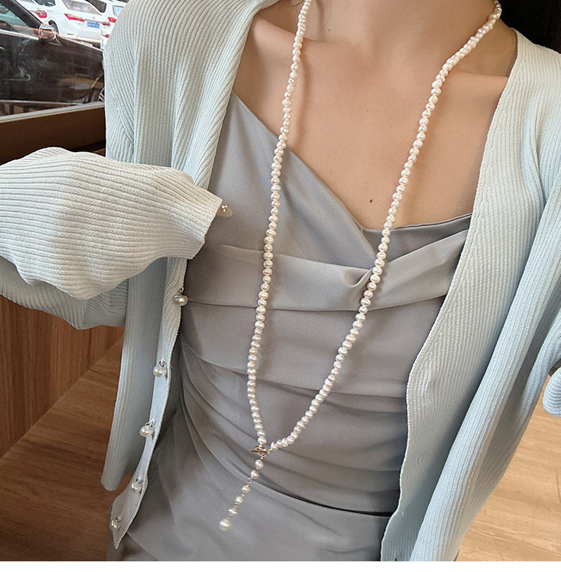 Elegant Round Freshwater Pearl Brass Beaded Sweater Chain display picture 2