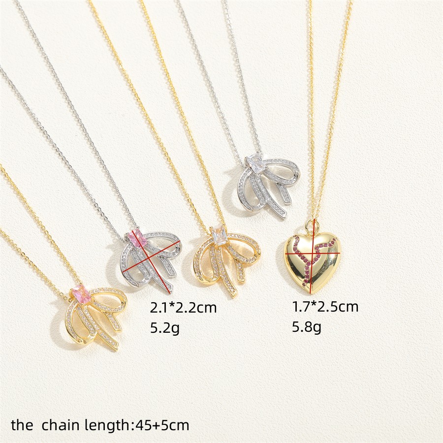 Simple Style Heart Shape Bow Knot Copper Plating Chain Inlay Zircon 14k Gold Plated White Gold Plated Pendant Necklace display picture 1