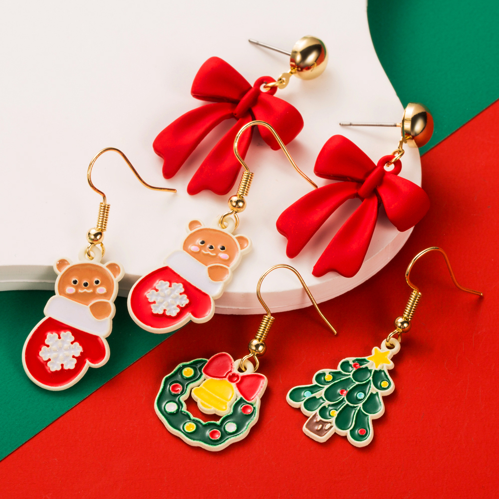 1 Pair Casual Christmas Streetwear Christmas Tree Gloves Bow Knot Enamel Alloy Drop Earrings display picture 10