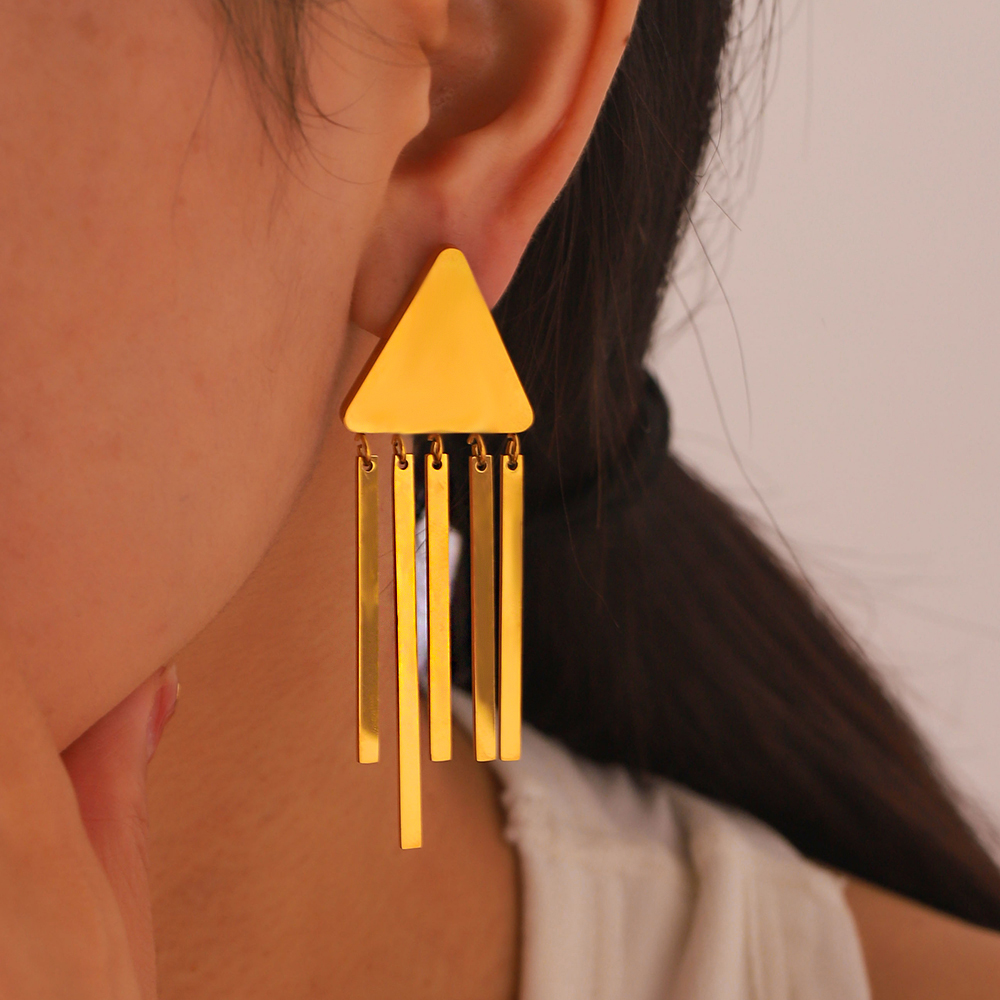 1 Pair Retro French Style Triangle Geometric Tassel Plating 304 Stainless Steel 18K Gold Plated Drop Earrings display picture 2