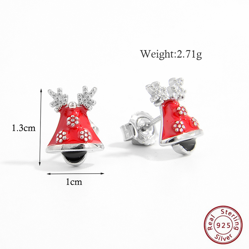 1 Pair Cute Christmas Hat Bell Antlers Epoxy Plating Inlay Sterling Silver Zircon White Gold Plated Rhodium Plated Ear Studs display picture 3