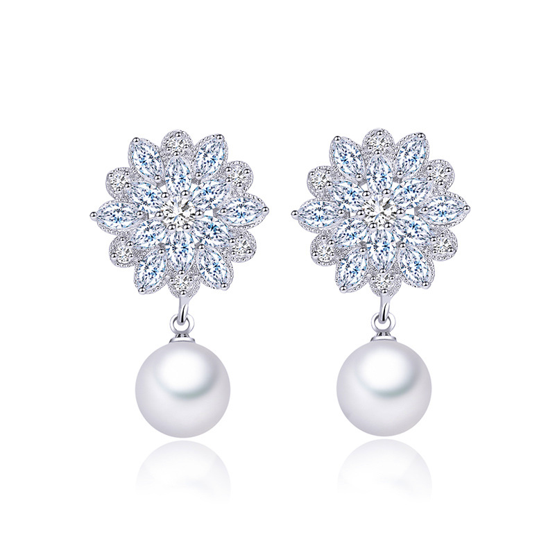 1 Pair Simple Style Solid Color Snowflake Plating Inlay Copper Artificial Pearls Zircon Rhodium Plated Silver Plated Drop Earrings display picture 11
