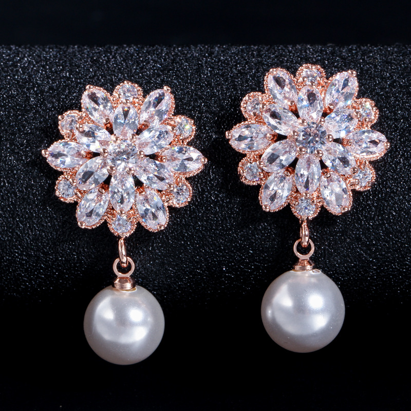 1 Pair Simple Style Solid Color Snowflake Plating Inlay Copper Artificial Pearls Zircon Rhodium Plated Silver Plated Drop Earrings display picture 8