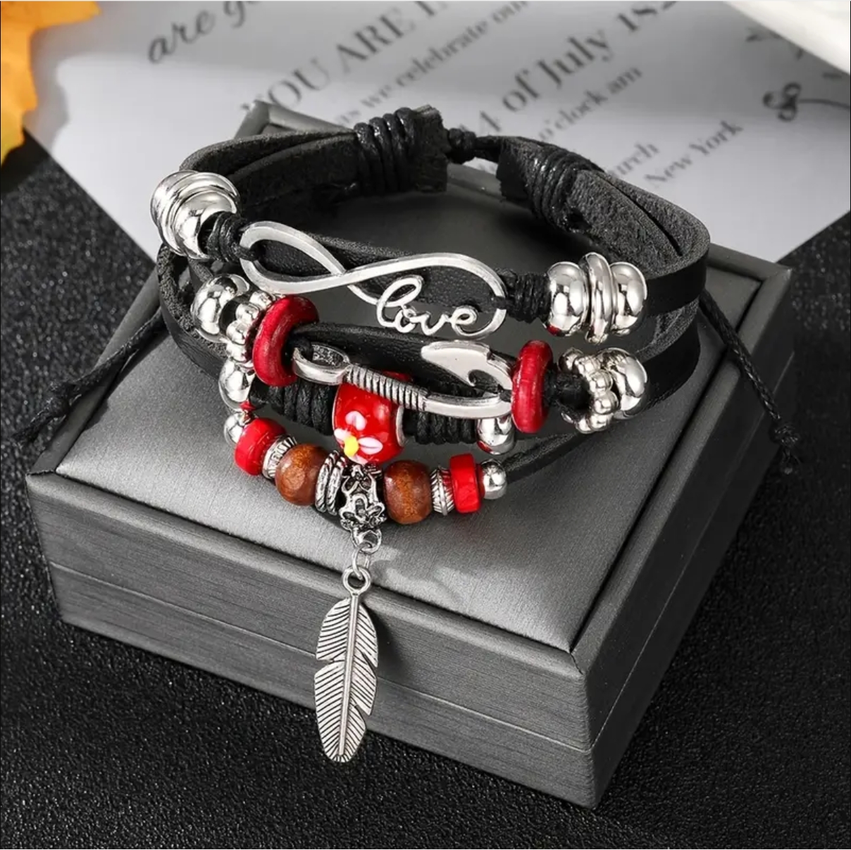 Casual Handmade Feather Pu Leather Alloy Wooden Beads Beaded Knitting Men's Drawstring Bracelets display picture 1