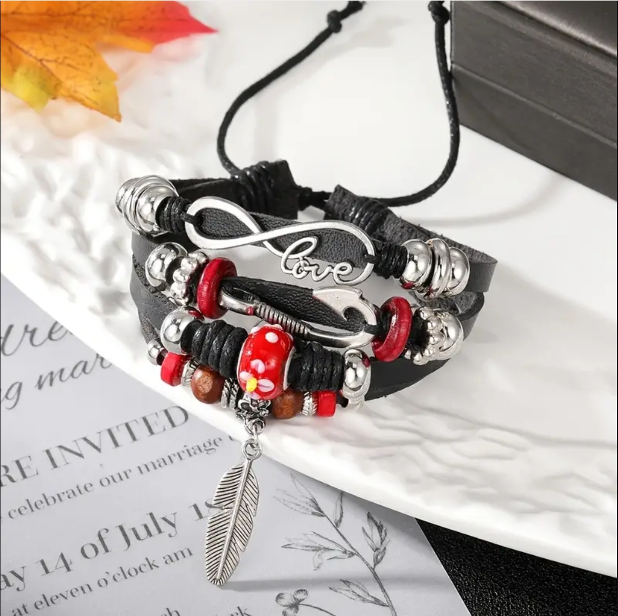 Casual Handmade Feather Pu Leather Alloy Wooden Beads Beaded Knitting Men's Drawstring Bracelets display picture 3
