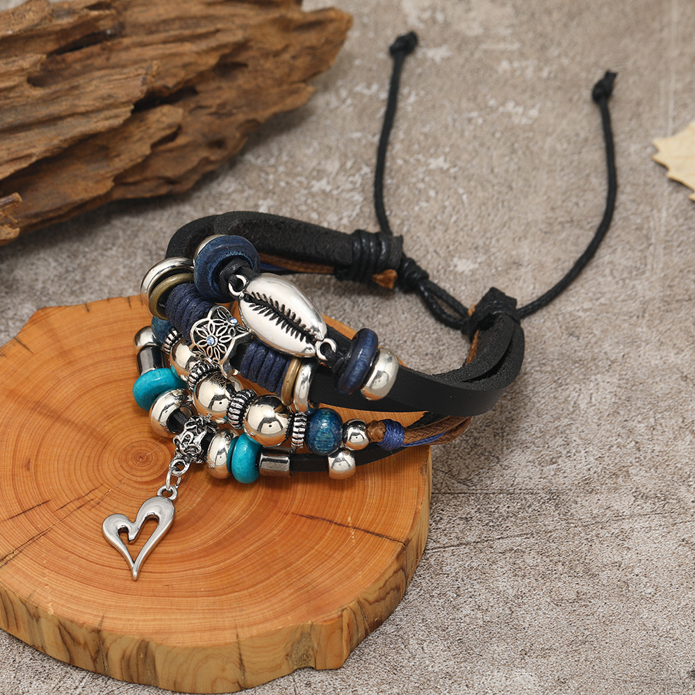 Casual Heart Shape Pu Leather Alloy Wooden Beads Beaded Knitting Men's Drawstring Bracelets display picture 1