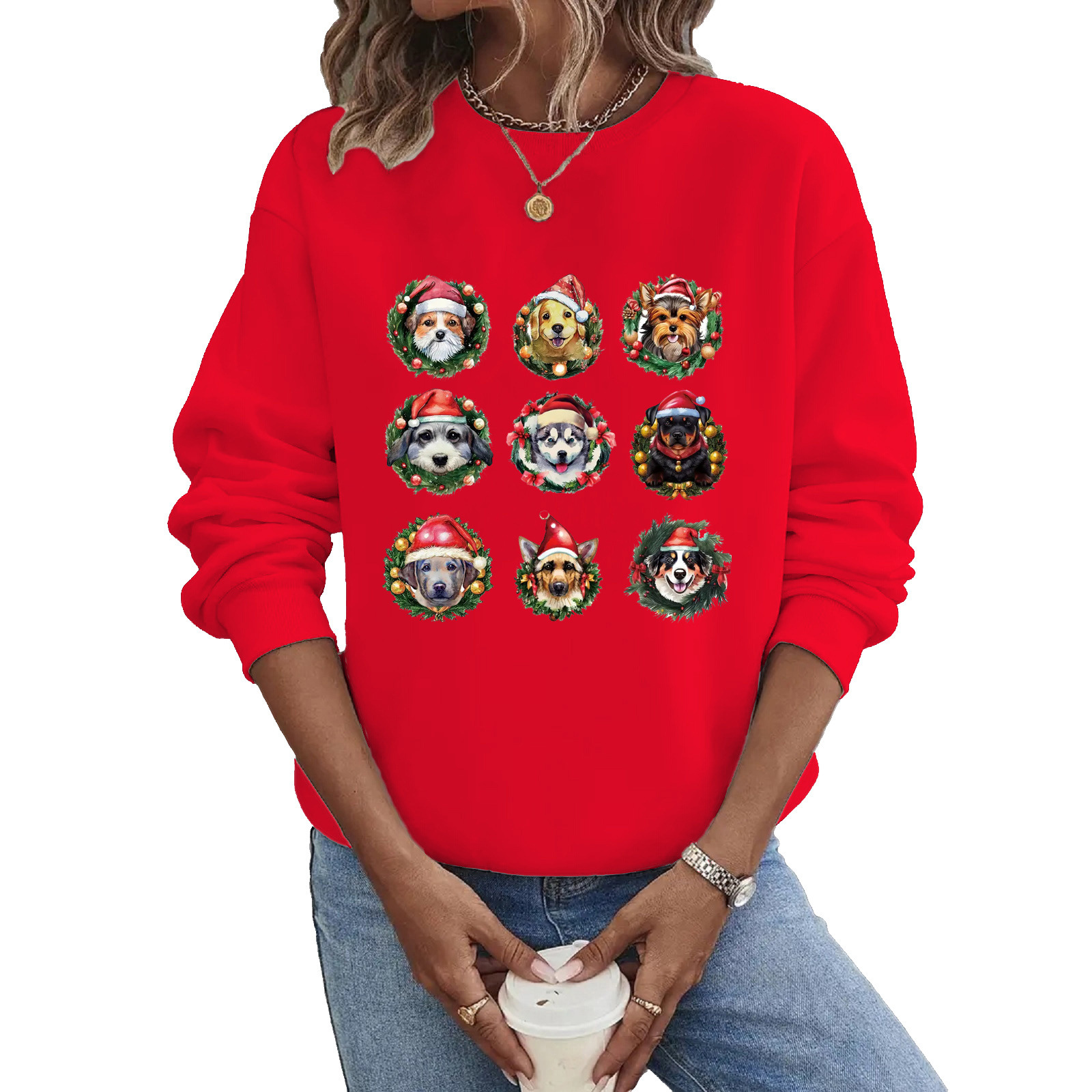 Damen Kapuzen Pullover Lange Ärmel Thermotransferdruck Lässig Weihnachtsmütze Hund display picture 2