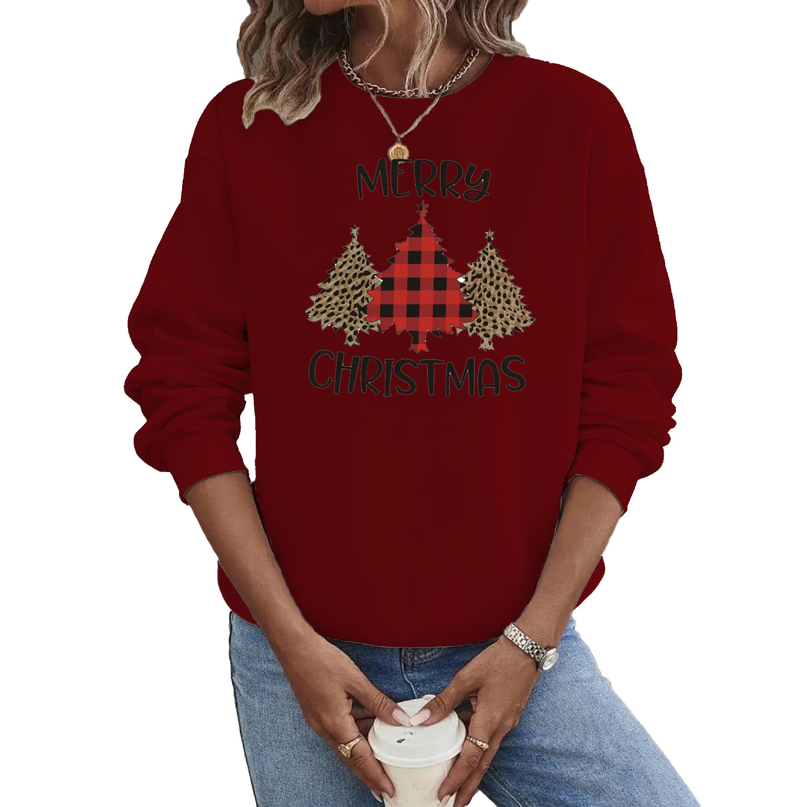 Women's Hoodies Long Sleeve Thermal Transfer Printing Casual Christmas Tree Letter Leopard display picture 4