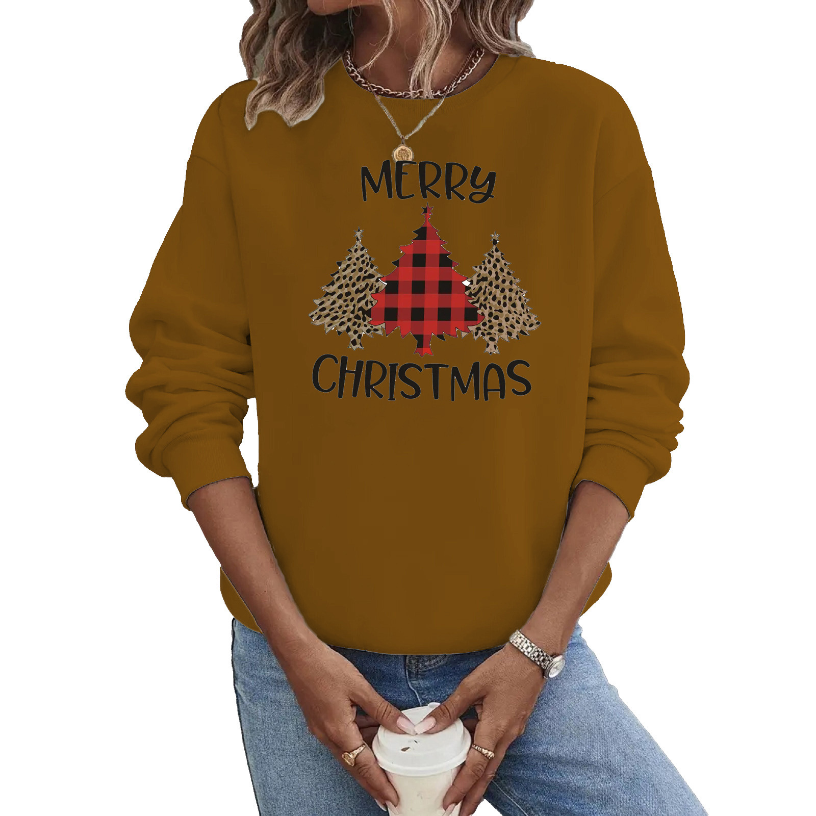 Women's Hoodies Long Sleeve Thermal Transfer Printing Casual Christmas Tree Letter Leopard display picture 5