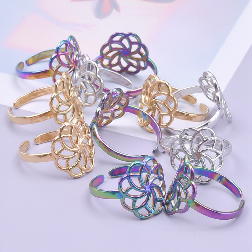 Classic Style Flower Stainless Steel Asymmetrical Polishing Rings display picture 2