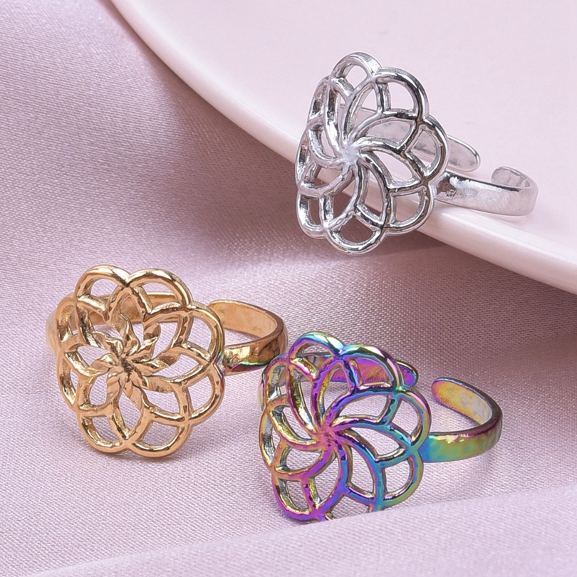 Classic Style Flower Stainless Steel Asymmetrical Polishing Rings display picture 3