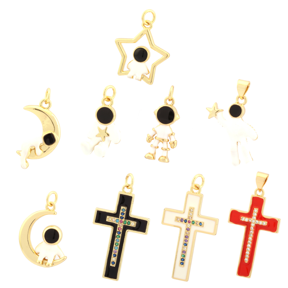 Simple Style Cross Astronaut Copper Enamel Inlay Zircon 18k Gold Plated Charms display picture 4