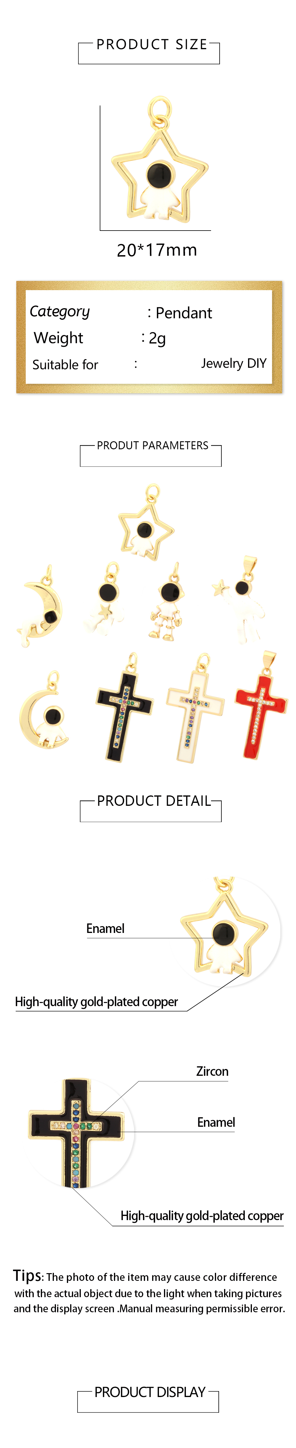Simple Style Cross Astronaut Copper Enamel Inlay Zircon 18k Gold Plated Charms display picture 1