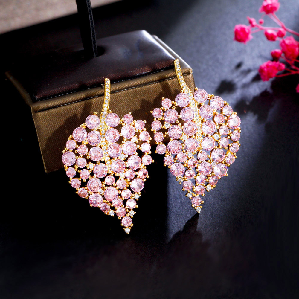 1 Pair Romantic Classic Style Leaf Plating Inlay Copper Zircon Rhodium Plated Silver Plated Ear Studs display picture 4