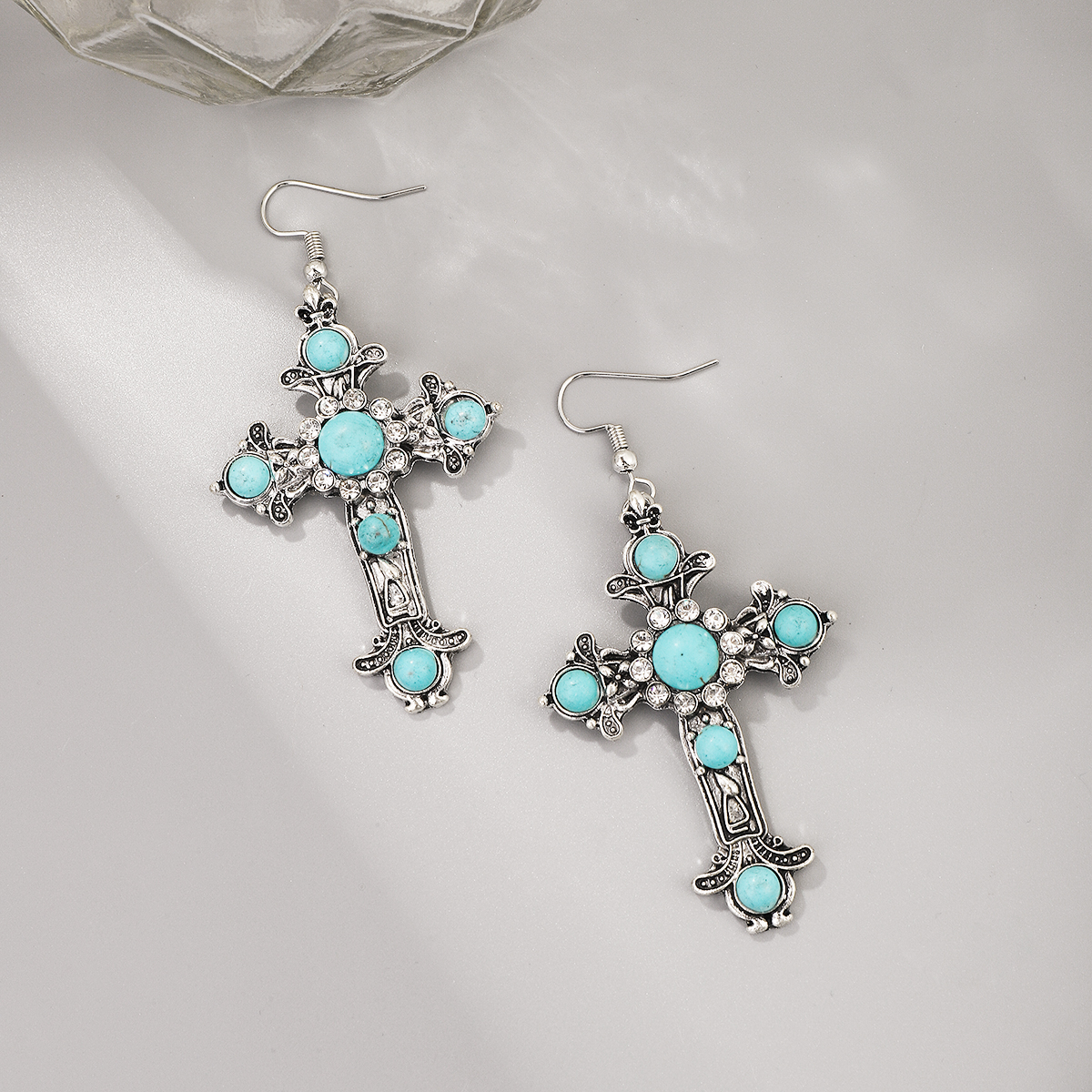 1 Pair Simple Style Cross Inlay Alloy Turquoise Drop Earrings display picture 4