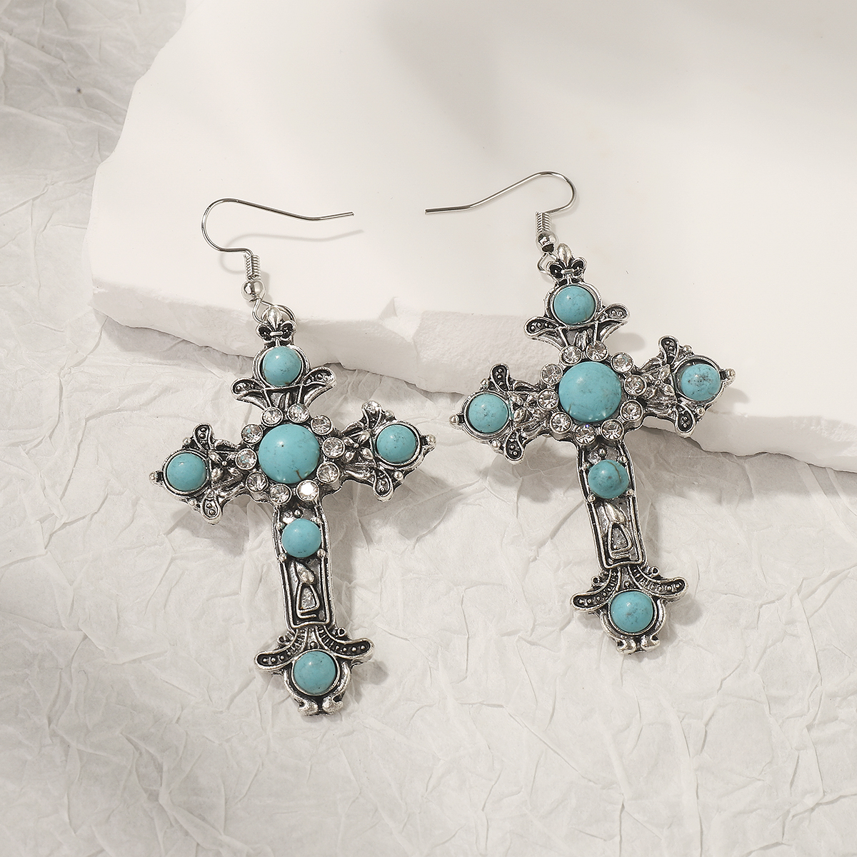 1 Pair Simple Style Cross Inlay Alloy Turquoise Drop Earrings display picture 3