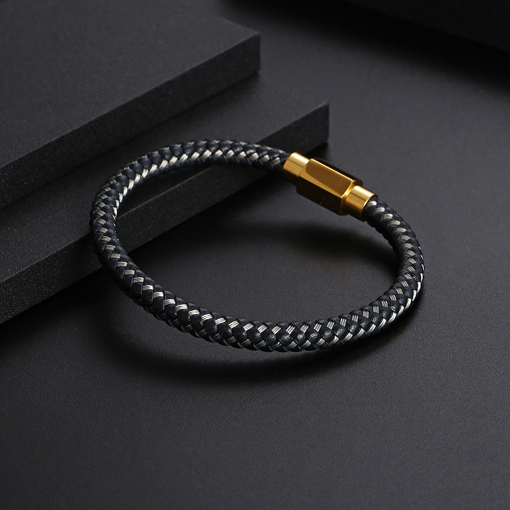 Classic Style Commute Color Block Pu Leather Titanium Steel Plating Gold Plated Men's Bangle display picture 3
