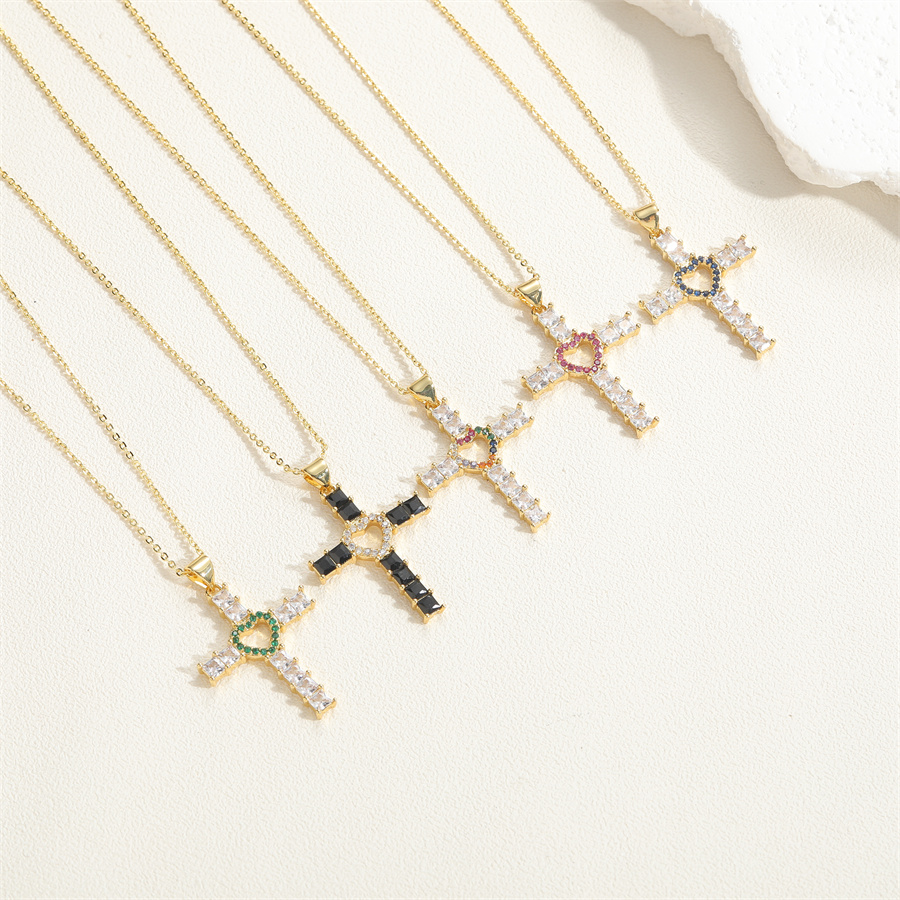 Elegant Vintage Style Simple Style Cross Copper Plating Inlay Zircon 14k Gold Plated Pendant Necklace display picture 1