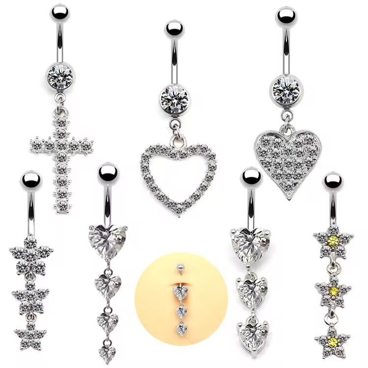 Simple Style Classic Style Shiny Heart Shape Floral Stainless Steel Alloy Copper Plating Inlay Rhinestones White Gold Plated Belly Ring display picture 8
