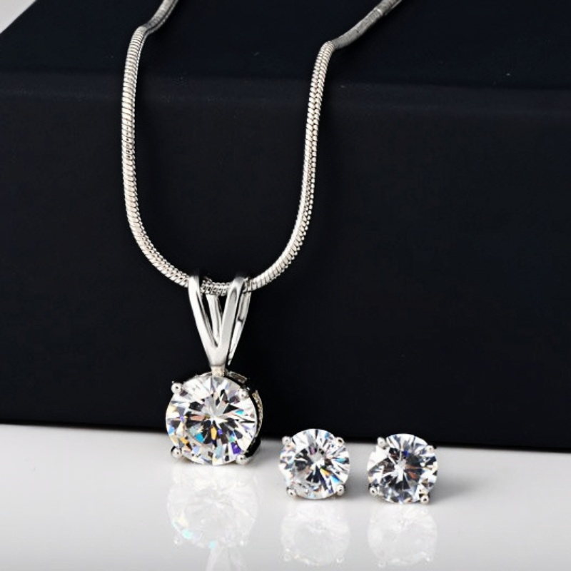 304 Stainless Steel Copper Rhodium Plated Simple Style Classic Style Plating Inlay Round Zircon Earrings Necklace display picture 1