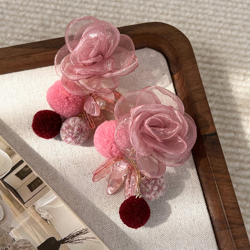 1 Pair Sweet Flower Hairball Gauze Drop Earrings display picture 5