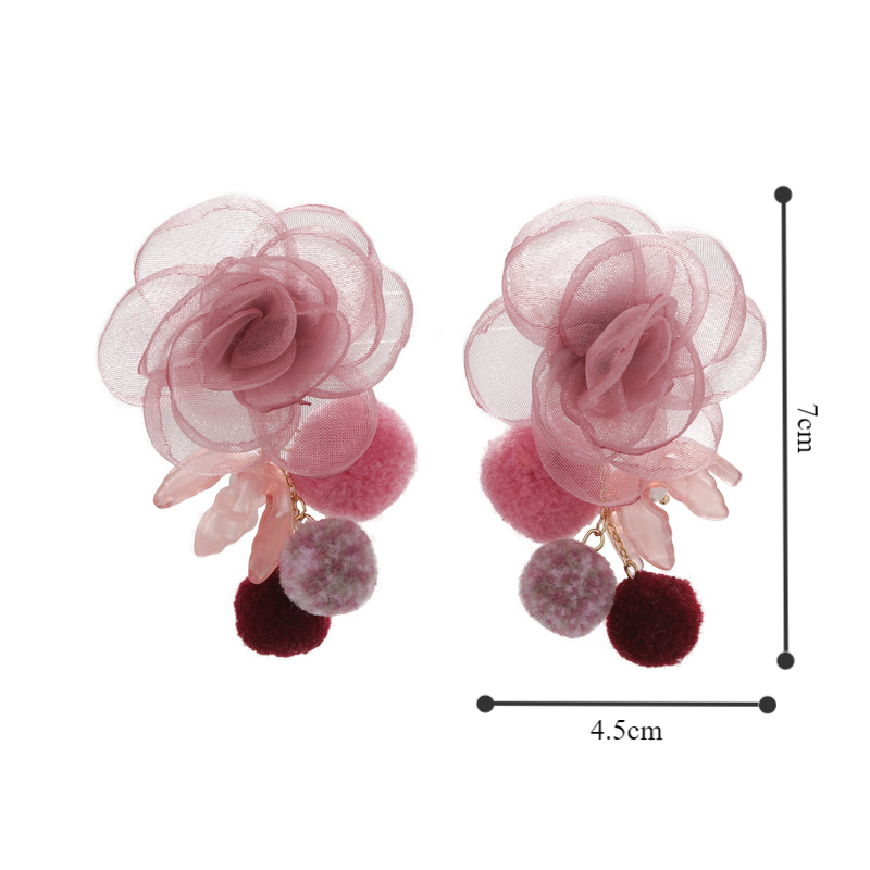 1 Pair Sweet Flower Hairball Gauze Drop Earrings display picture 1