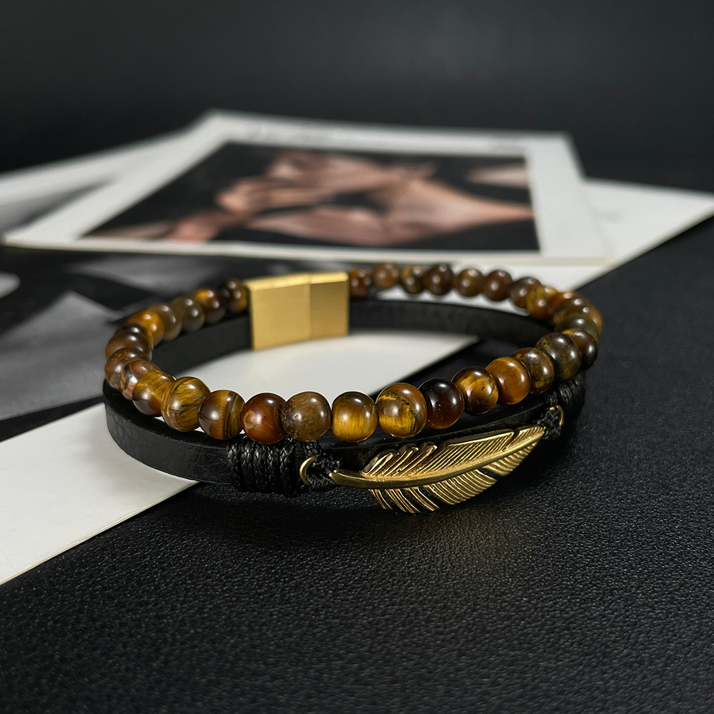 Vintage Style Feather Stainless Steel Pu Leather Tiger Eye Tiger Eye Men's Bracelets display picture 2