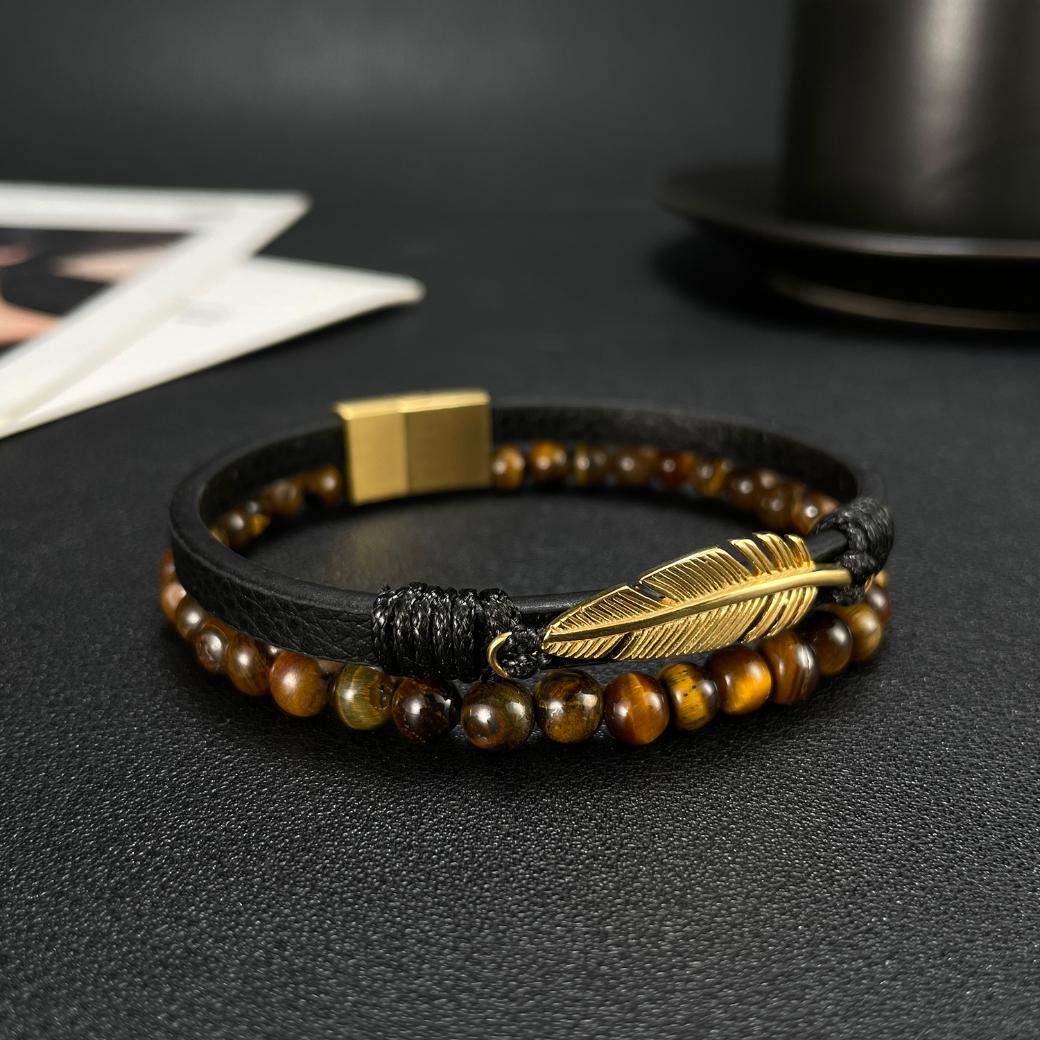 Vintage Style Feather Stainless Steel Pu Leather Tiger Eye Tiger Eye Men's Bracelets display picture 4