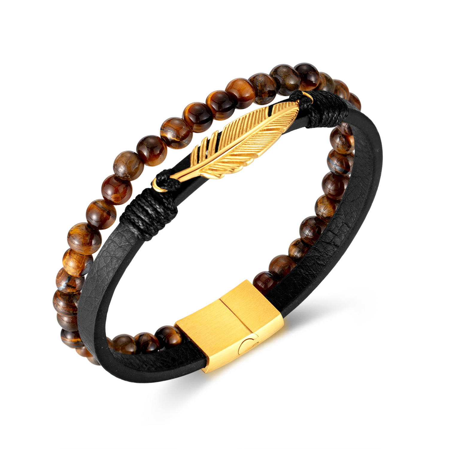 Vintage Style Feather Stainless Steel Pu Leather Tiger Eye Tiger Eye Men's Bracelets display picture 1