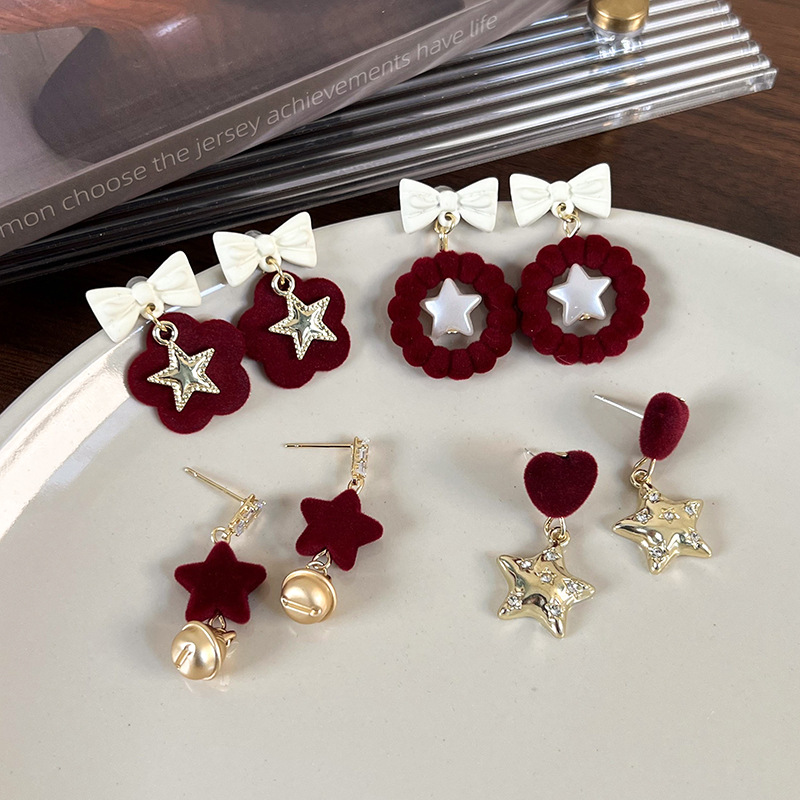 1 Pair Elegant Sweet Pentagram Bow Knot Flocking Gold Plated Drop Earrings display picture 13