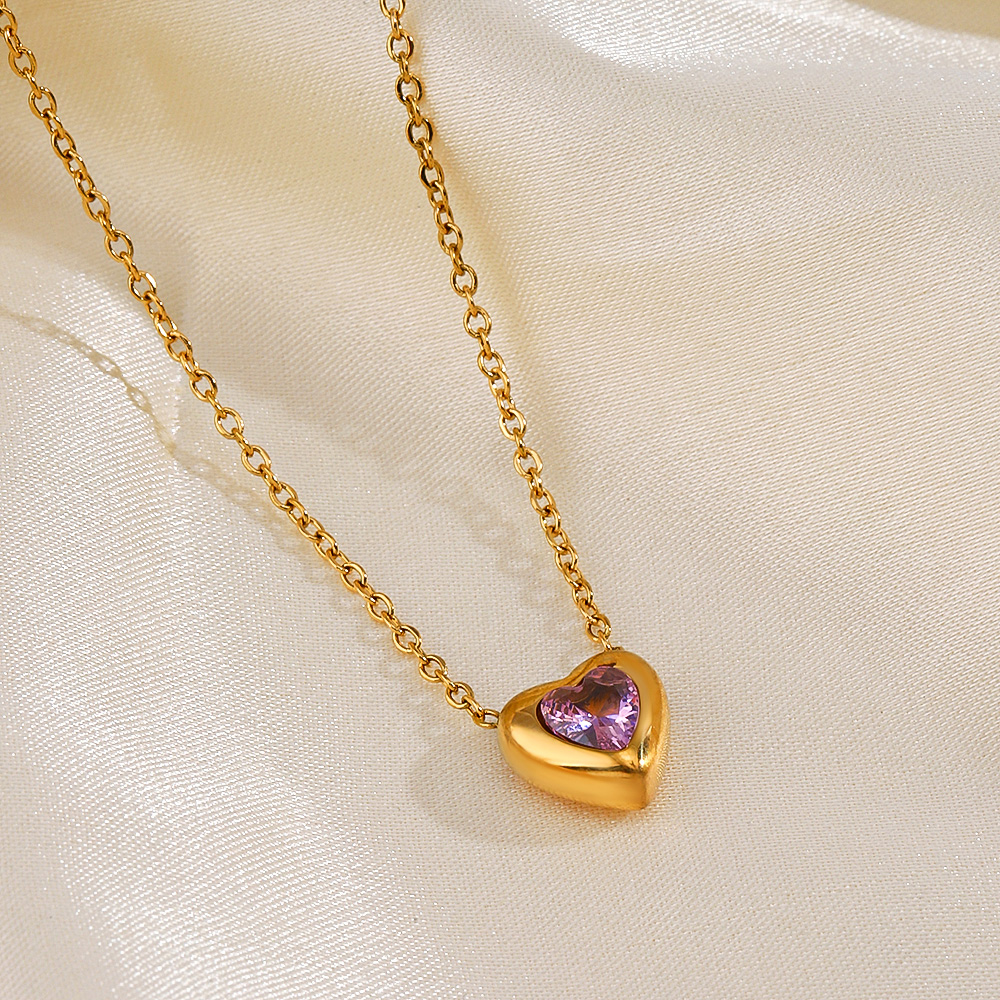 304 Stainless Steel 18K Gold Plated Simple Style Plating Heart Shape Rhinestones Pendant Necklace display picture 2