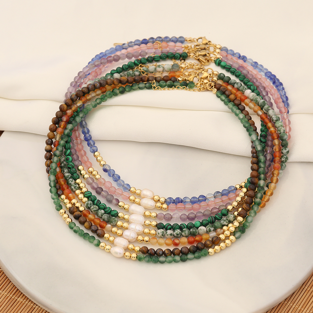 Wholesale Bohemian Color Block Stainless Steel Natural Stone Copper Beaded Handmade 18K Gold Plated Necklace display picture 2