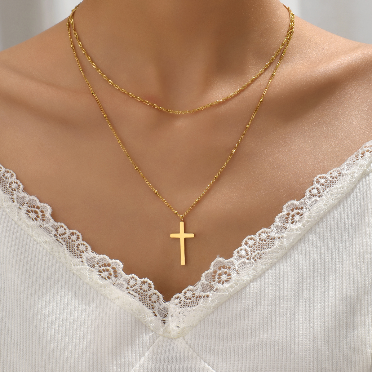 Simple Style Geometric Cross Titanium Steel Layered Plating 18k Gold Plated Double Layer Necklaces display picture 3