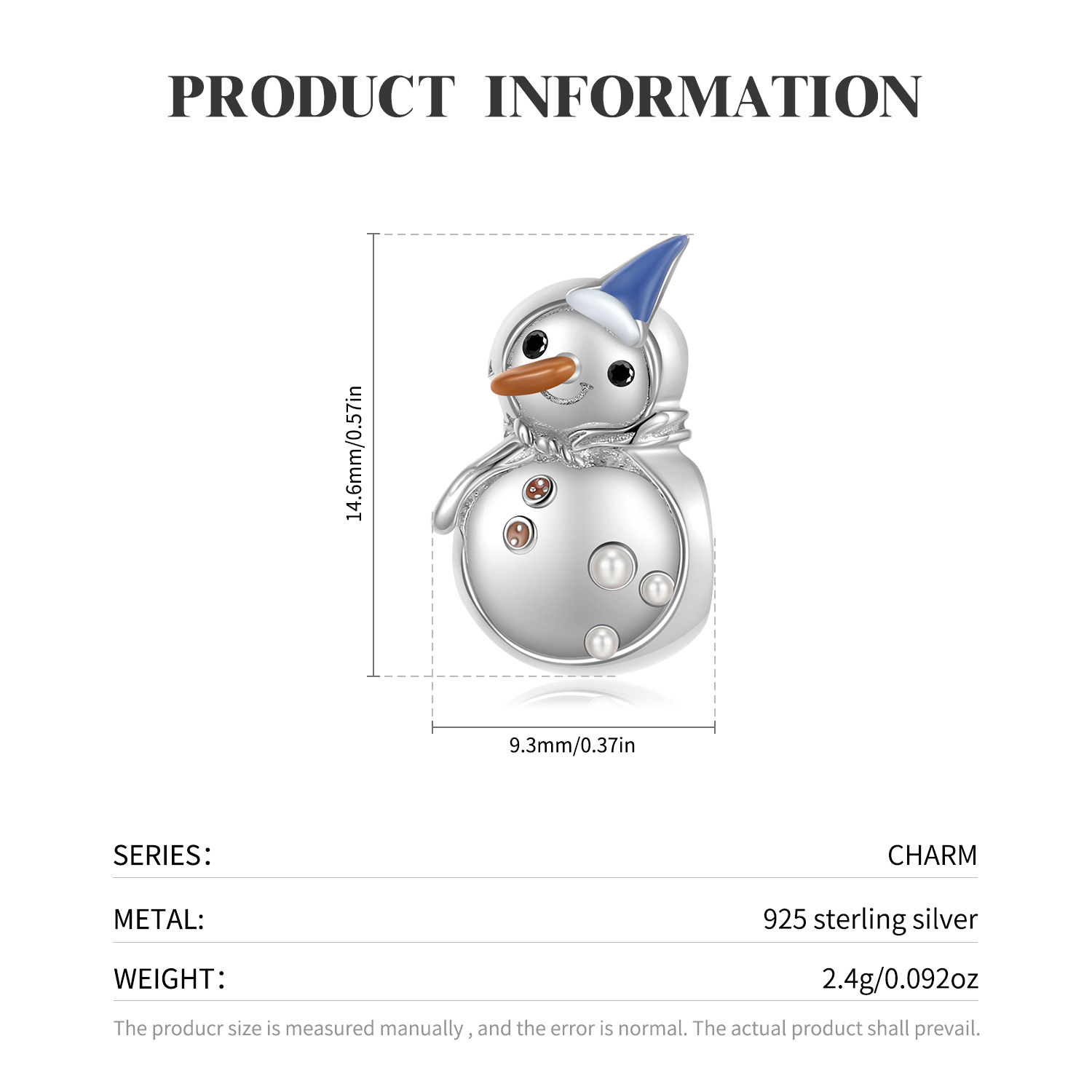 Simple Style Classic Style Snowman Sterling Silver Epoxy Inlay Pearl Charms Jewelry Accessories display picture 3