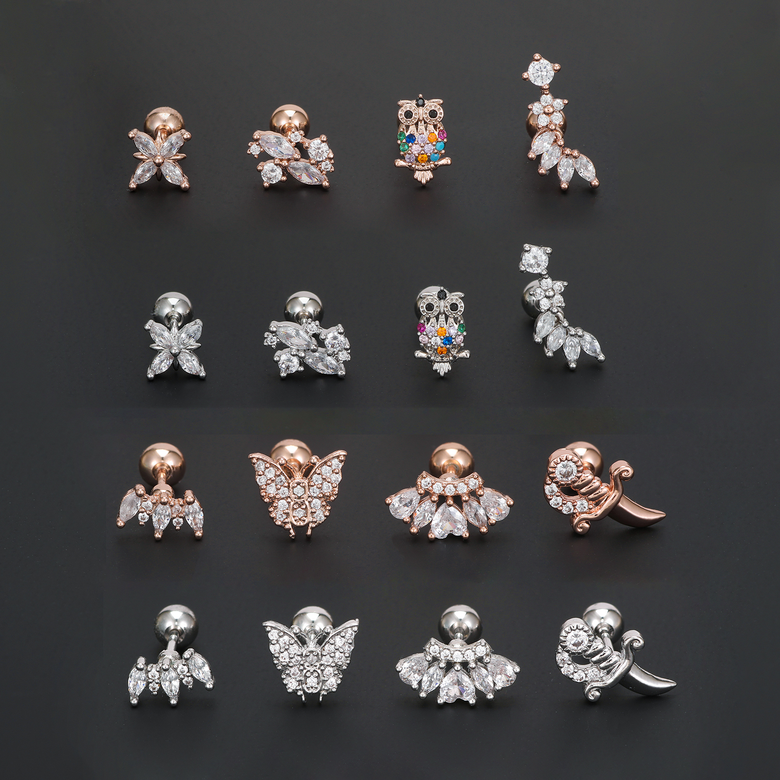 1 Piece Ig Style Simple Style Animal Flower Plating Inlay Brass Zircon 18k Gold Plated White Gold Plated Ear Studs display picture 3
