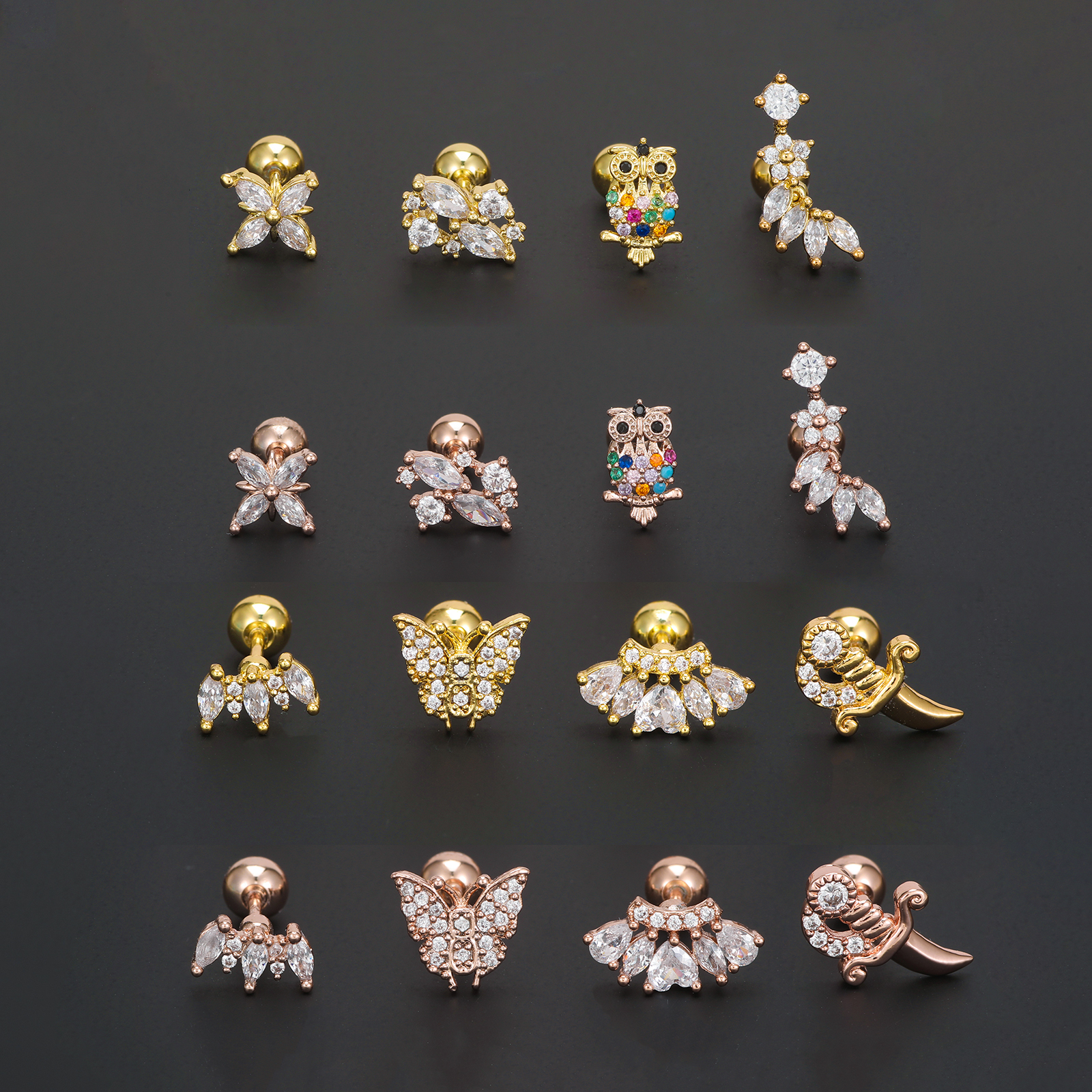 1 Piece Ig Style Simple Style Animal Flower Plating Inlay Brass Zircon 18k Gold Plated White Gold Plated Ear Studs display picture 4