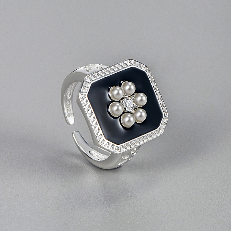 Basic Klassischer Stil Blume Sterling Silber Inlay Künstliche Perlen Strasssteine Offener Ring display picture 1