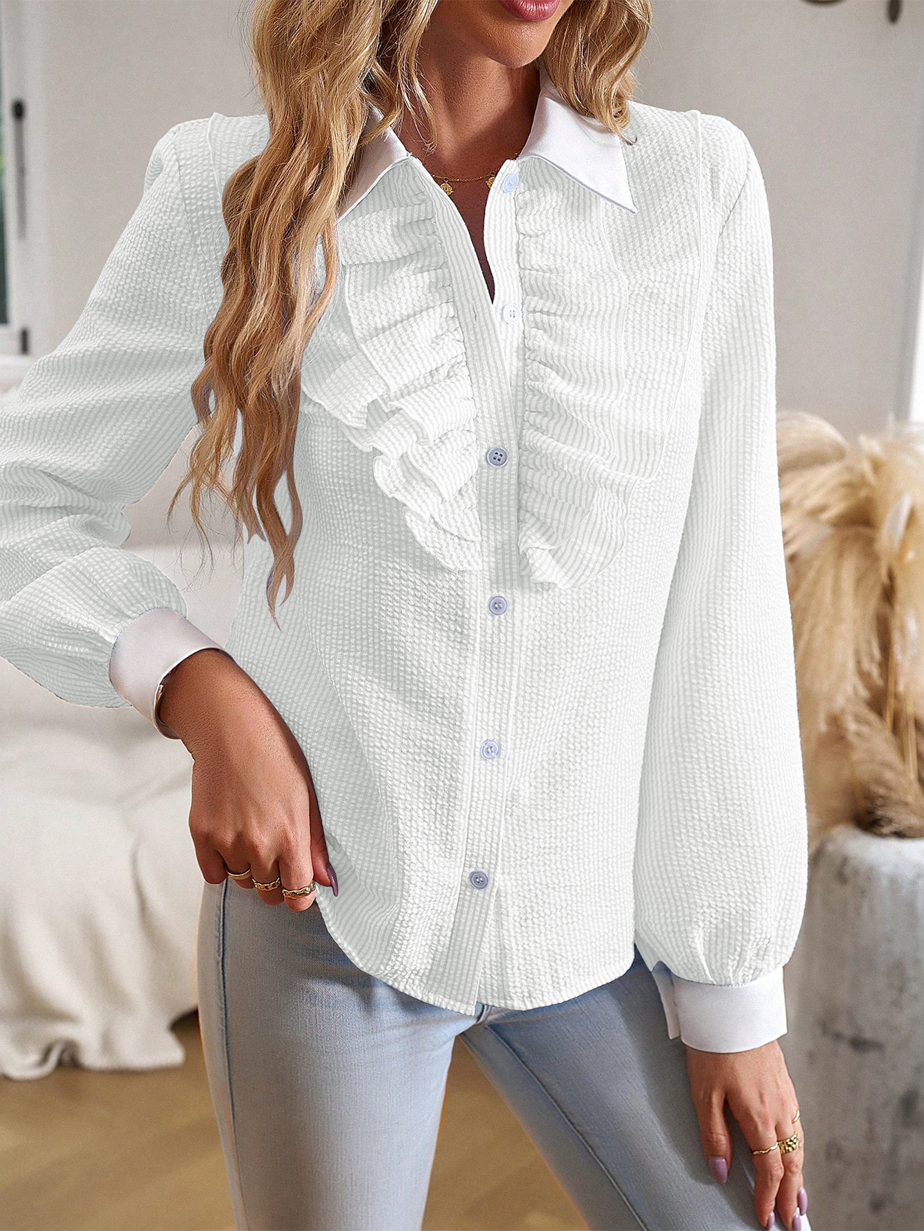 Women's Blouse Long Sleeve Blouses Ruffles Simple Style Solid Color display picture 6