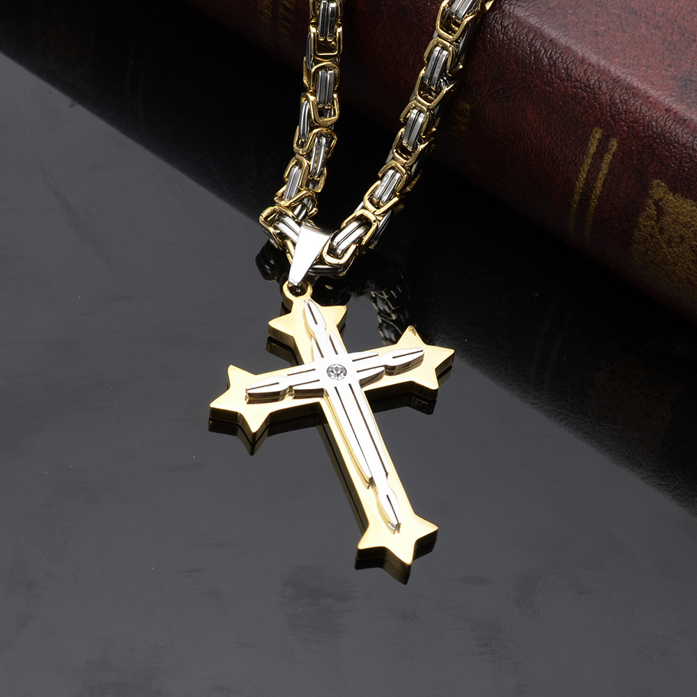 Punk Streetwear Cross Titanium Steel Rhinestones 18K Gold Plated Men's Pendant Necklace display picture 4