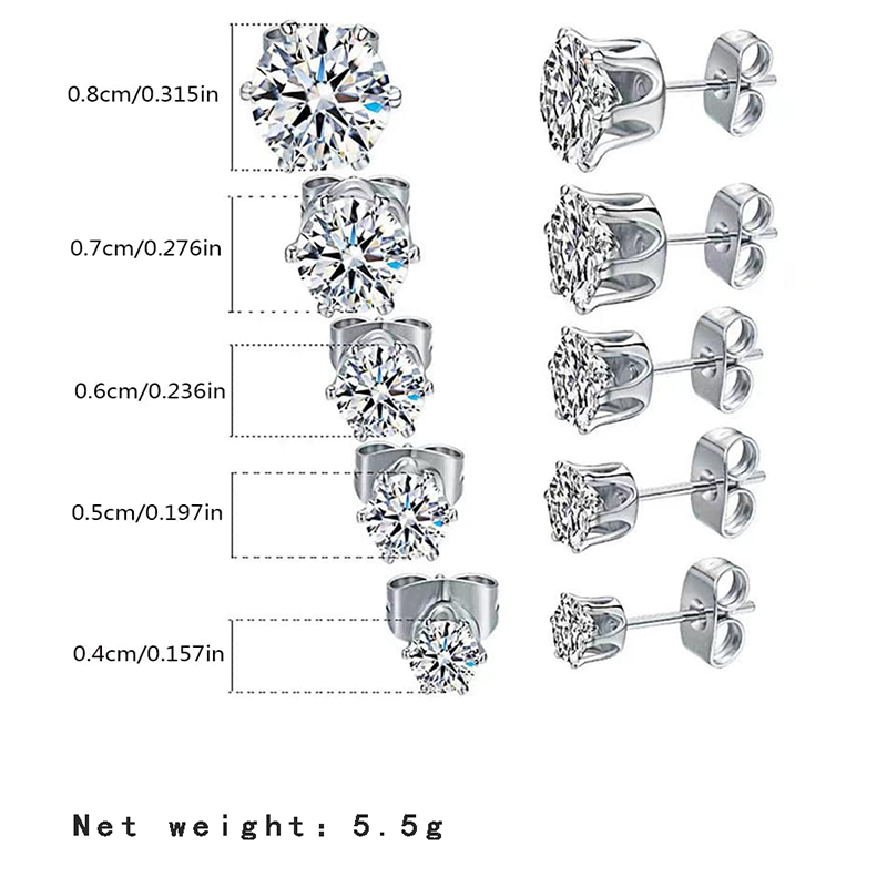 5 Pairs Basic Modern Style Geometric Inlay Stainless Steel Zircon Ear Studs display picture 3