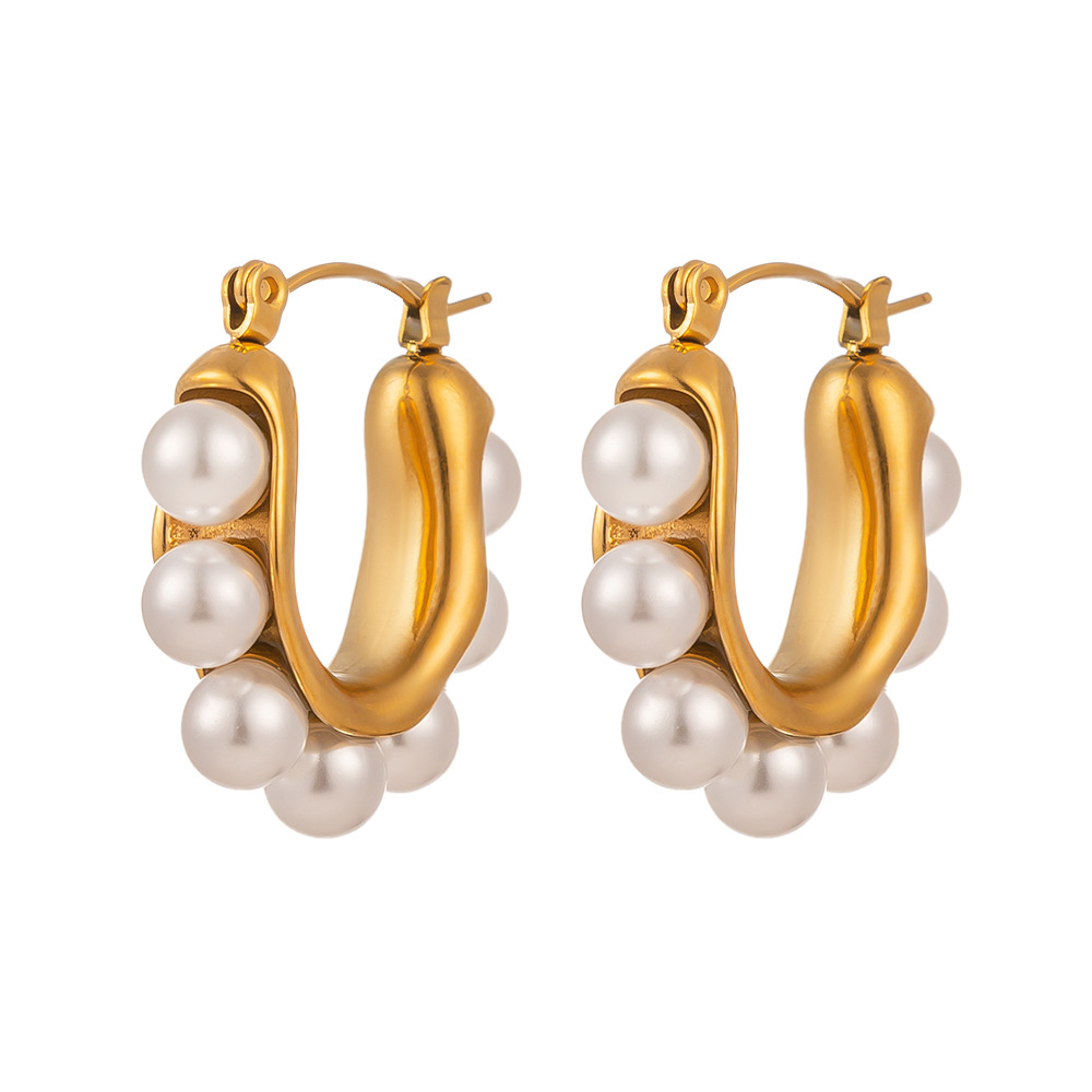 1 Pair Retro Baroque Style Geometric Solid Color Epoxy Plating Inlay Titanium Steel Artificial Pearls 18k Gold Plated Hoop Earrings display picture 1