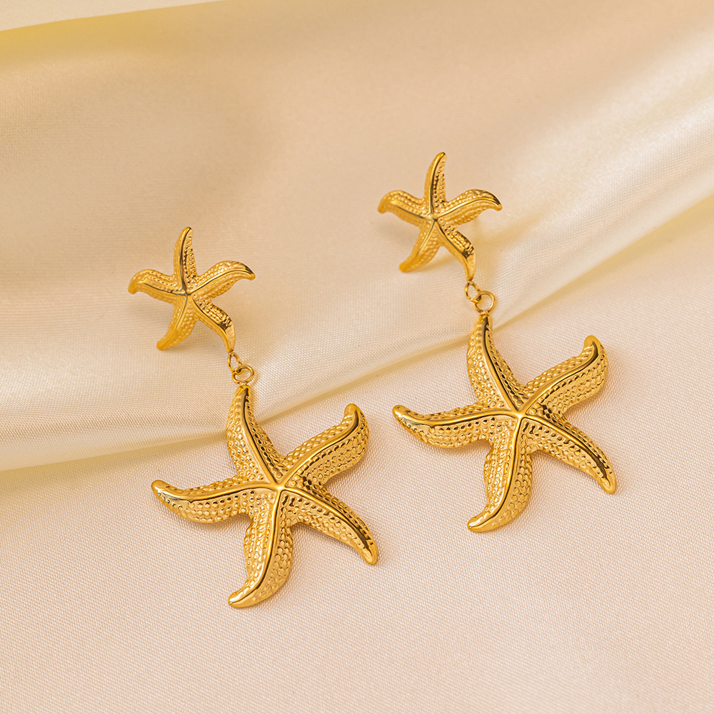 1 Pair Marine Style Pentagram Plating 304 Stainless Steel 18K Gold Plated Drop Earrings display picture 3